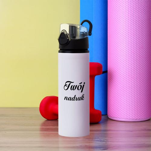 Biały sportowy bidon 750 ml z Twoim nadrukiem z czarną nakrętką