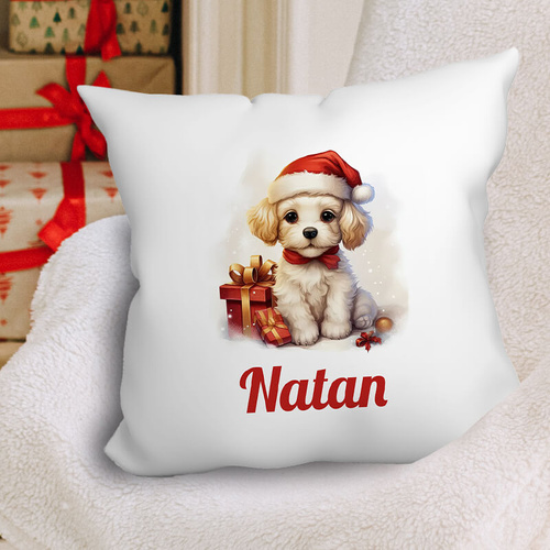Świąteczna poduszka z imieniem - Szczeniak w czapce Mikołaja, na prezent