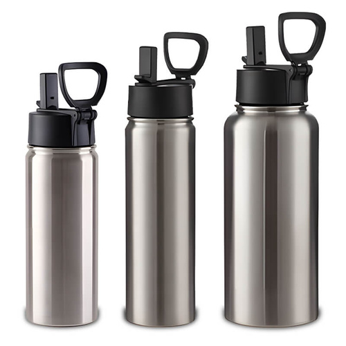 Srebrny metalowy bidon 650 ml składana rączka - z Twoim nadrukiem