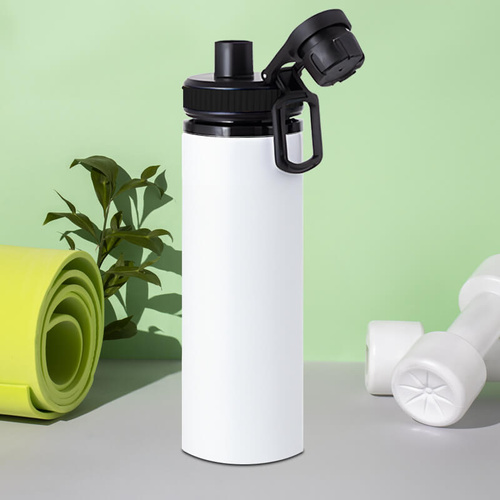 Biały bidon 850 ml - z rączką i zamykanym ustnikiem - z Twoim nadrukiem - czarna opaska