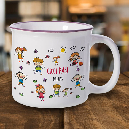 Kubek ceramiczny z fioletowym rantem - Trzeba mieć wielkie serce, by kształcic młaych ludzi - prezent dla przedszkolanki