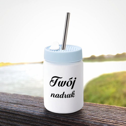 Kubek ze słomką 480 ml z Twoim nadrukiem - niebieska silikonowa pokrywka