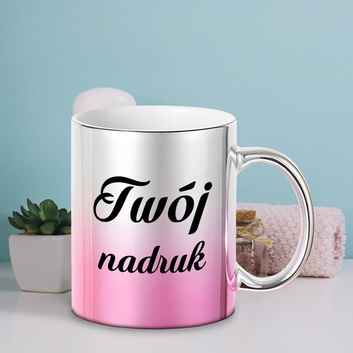 Kubek platerowany z Twoim nadrukiem - srebrno-różowy gradient