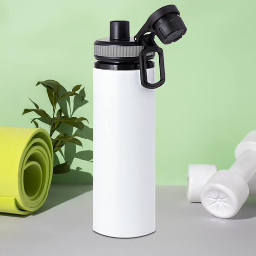 Biały bidon 850 ml - z rączką i zamykanym ustnikiem - z Twoim nadrukiem - szara opaska