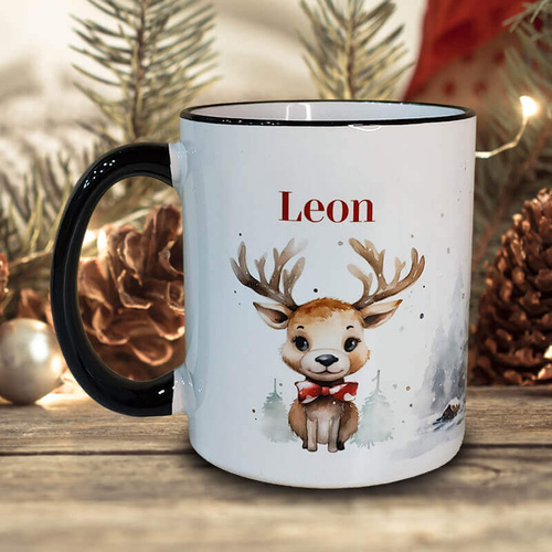 Świąteczny kubek z imieniem - Jelonek, czarne uszko