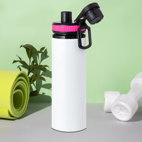 Biały bidon 850 ml - z rączką i zamykanym ustnikiem - z Twoim nadrukiem - różowa opaska