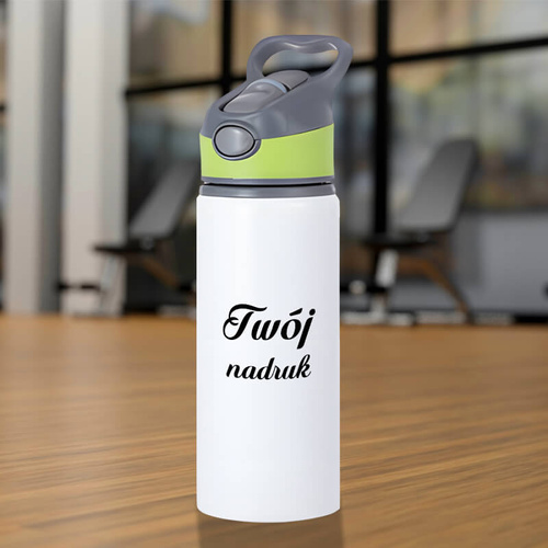 Biały bidon 650 ml z Twoim nadrukiem zielona wstawka