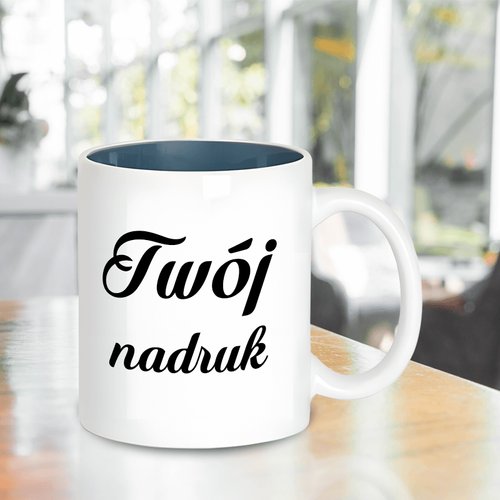 Biały kubek niebieskie wnętrze 330 ml z Twoim nadrukiem