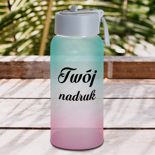 Szklana butelka 750 ml szroniona z plastikowym uchwytem z Twoim nadrukiem - Różowo - zielona