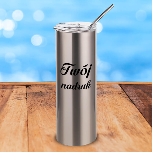 Prosty, srebrny kubek 600 ml z podwójnymi ściankami i słomką z Twoim nadrukiem