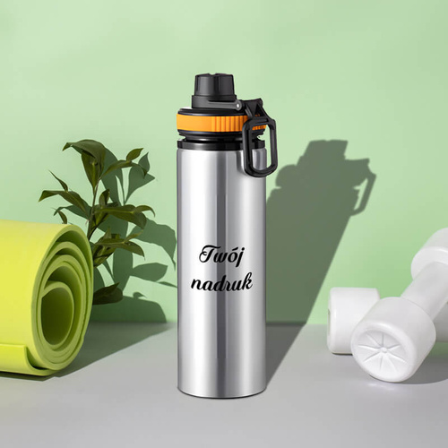 Srebrny bidon 850 ml - z rączką i zamykanym ustnikiem - z Twoim nadrukiem - żółta opaska