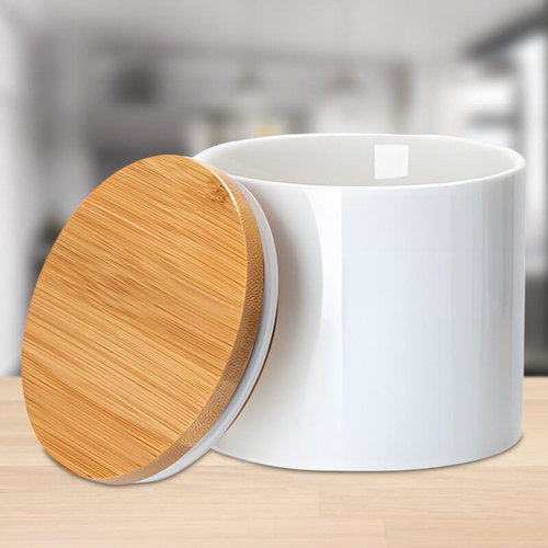 Pojemnik ceramiczny 480 ml  z drewnianą bambusową przykrywką z Twoim nadrukiem