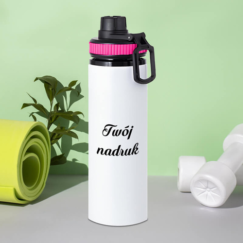 Biały bidon 850 ml - z rączką i zamykanym ustnikiem - z Twoim nadrukiem - różowa opaska