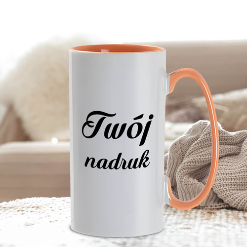 Biały kubek pomarańczowe ucho i wnętrze 380 ml z Twoim nadrukiem