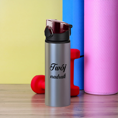 Srebrny sportowy bidon 750 ml z Twoim nadrukiem czerwona nakrętka