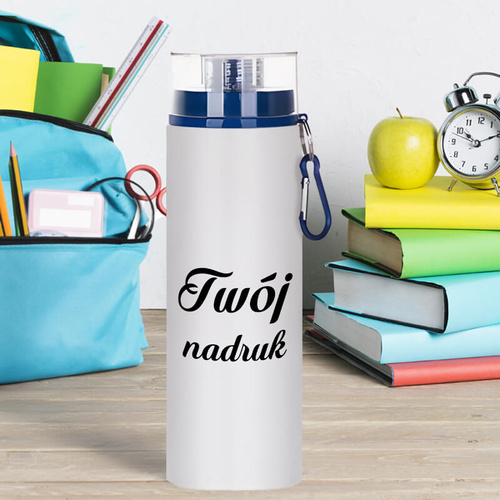 Biały bidon 850 ml z Twoim nadrukiem niebieski karabińczyk