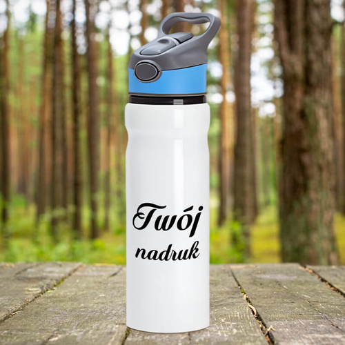 Bidon sportowy z Twoim nadrukiem - biały z niebieską wstawką 750 ml